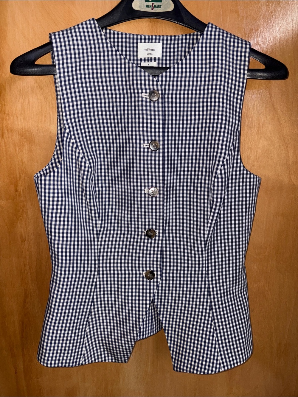 Aritzia Navy and White Gingham Button-Front Sleeveless Top
